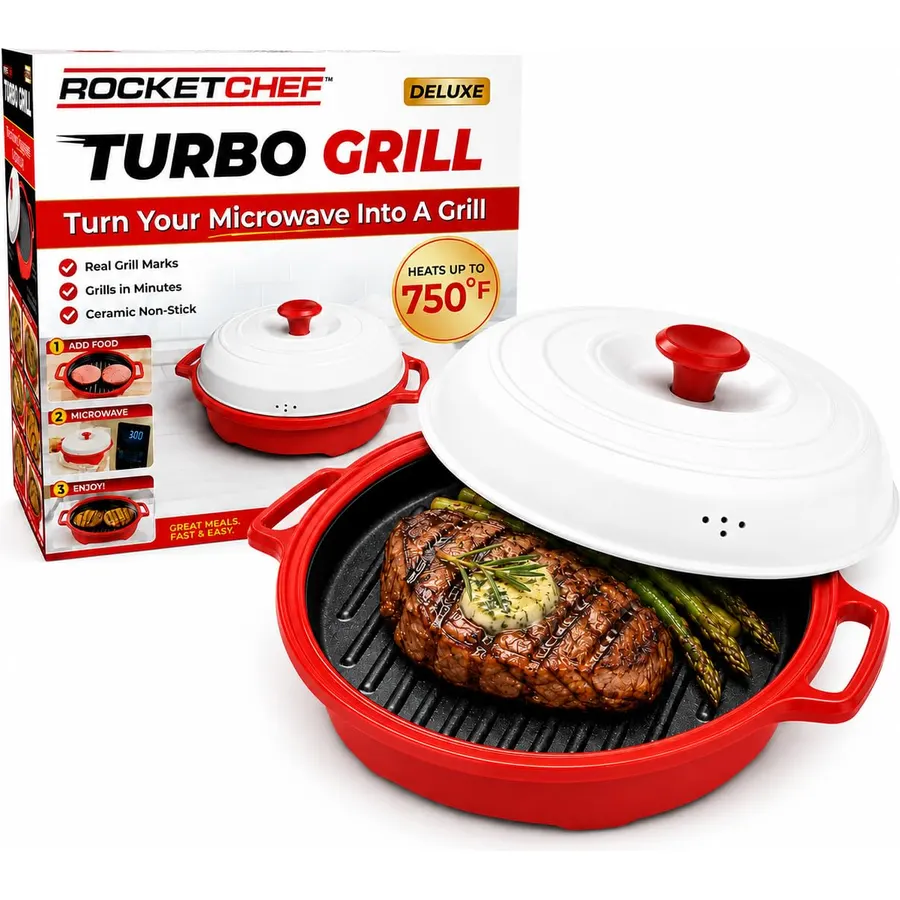 Turbo Grill Deluxe Microwave Grill Pan, Vented Lid, Red