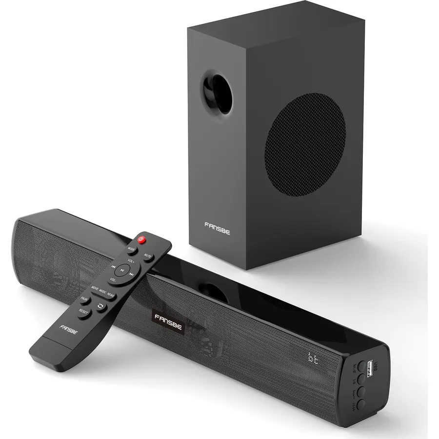 TV Sound Bar Subwoofer Bluetooth, Home Theater Sound Bar System, TV Speakers Sounds Bars Subwoofer, Hdmi(ARC) OPT COAX AUX USB 2.1ch Home Audio TVs/PC/Projector Treble Bass 3 Modes Remote, Black