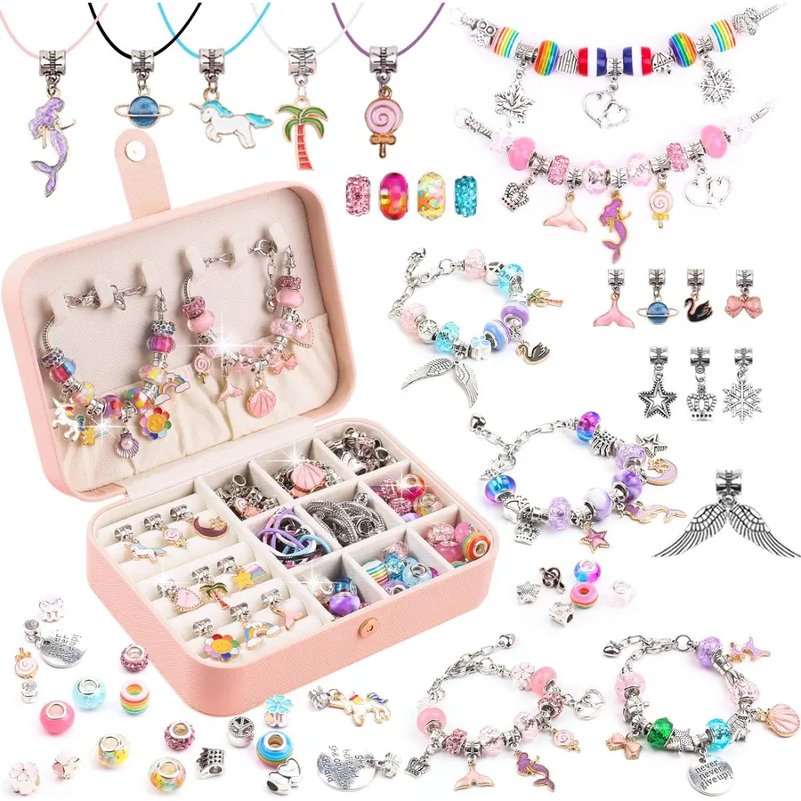 UFU Charm Bracelet Making Kit, Jewelry Making Kit Craft Gift for Girls 5 6 7 8-12, A Sweet Birthday Gift to Inspire Imagination & Creativity, with Portable Jewelry Box