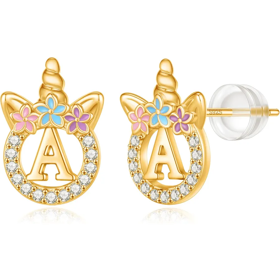 Unicorn Earrings Gifts for Girls - 925 Sterling Silver Stud Earrings Hypoallergenic Initial Unicorn Earring for Girls Kids Jewelry CZ Birthday Gifts