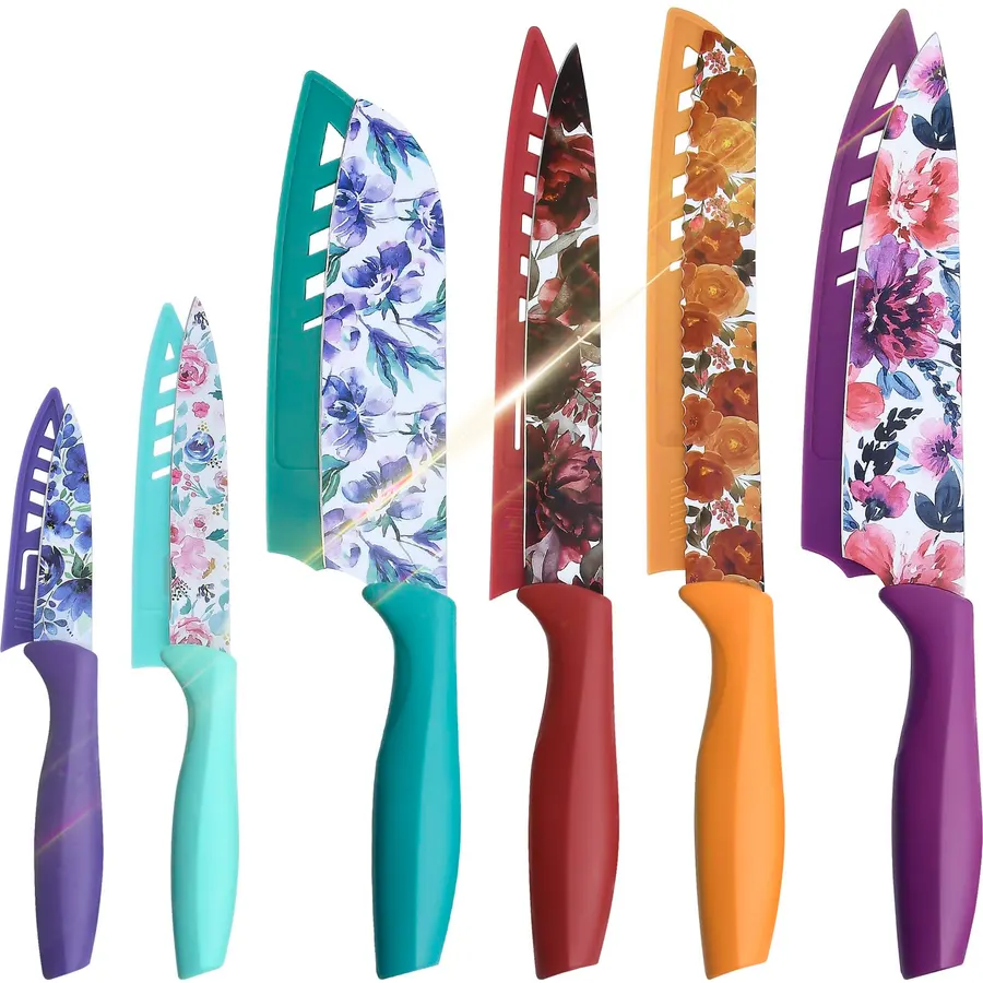 Cuisinart Advantage 12-Piece Kitchen Knife Set, Professional-Quality Nonstick Coated Stainless Steel Knives with Covers, Nonstick Color Coating for Easy Slicing, Ergonomic Handles, G1022-12BW