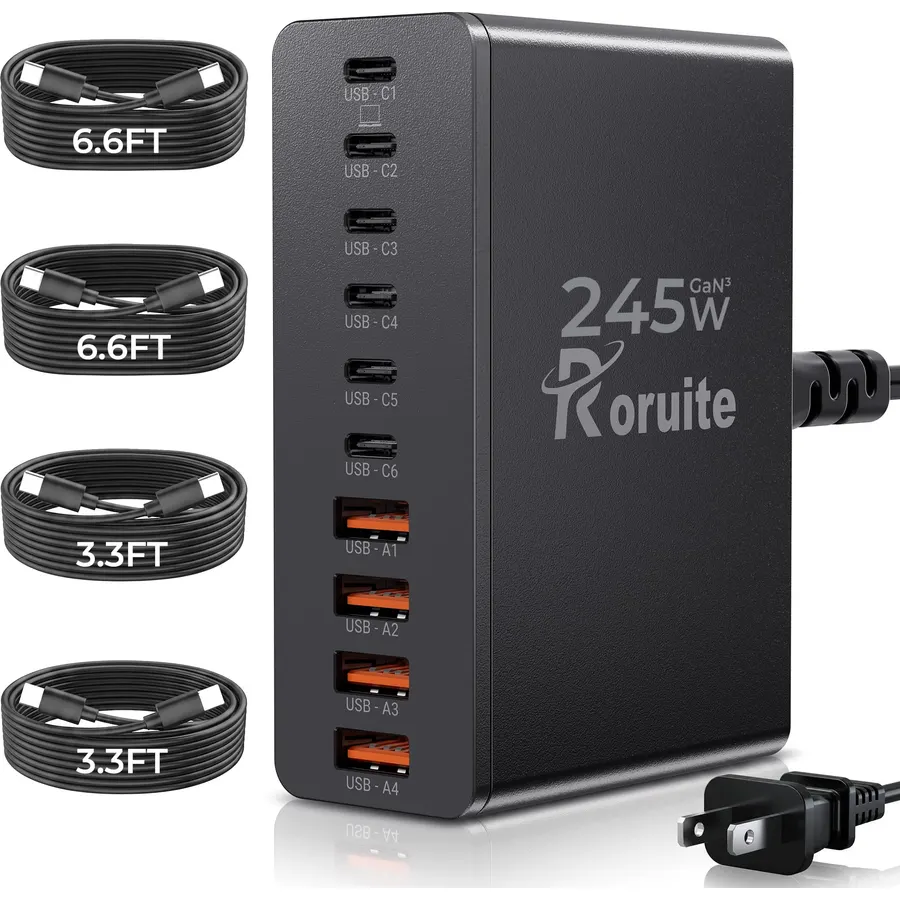 USB C Charging Station 10 Port with 4 Cables,245W GaN Charger Block
