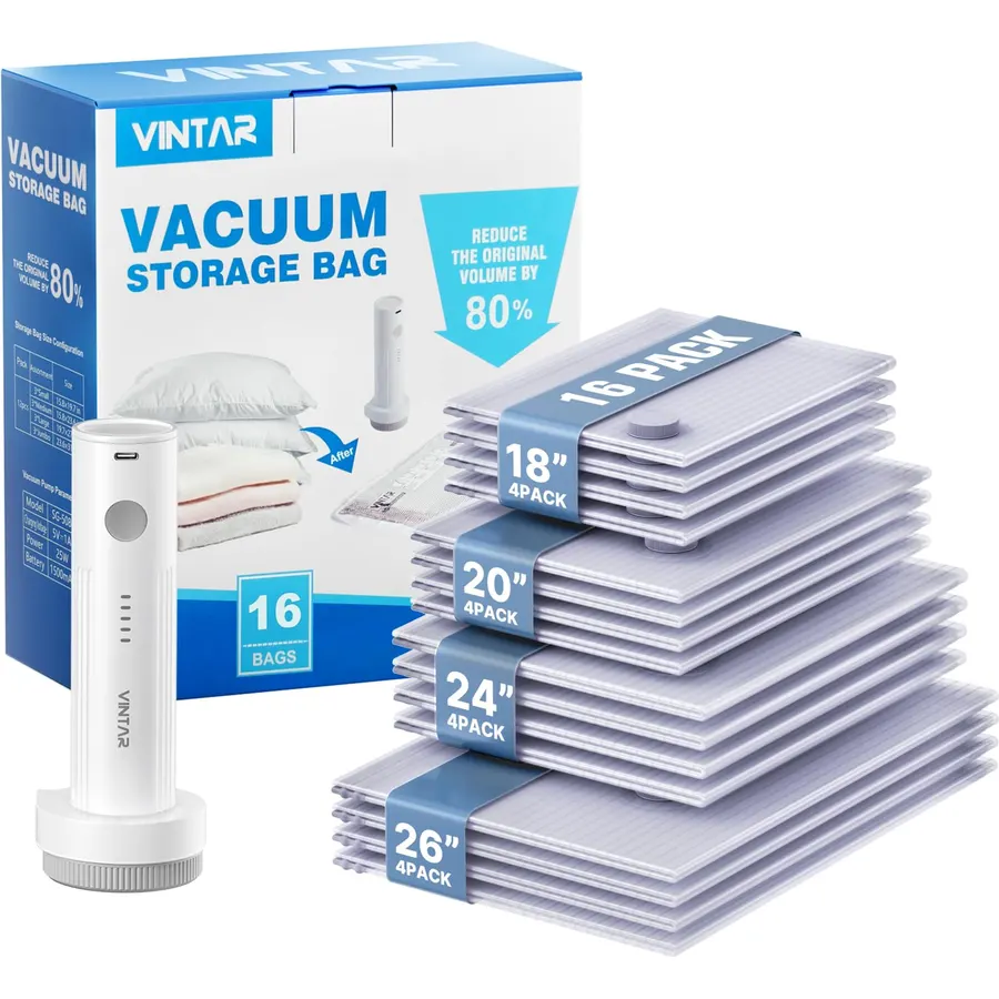 VINTAR 16 Pack Vacuum Seal Bags for Clothing Travel with Wireless Pump