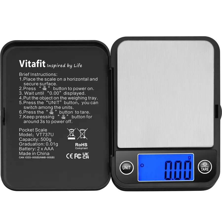 Vitafit 500g Digital Pocket Scale High Accuracy 0.01g, Gram Scale Blue LCD