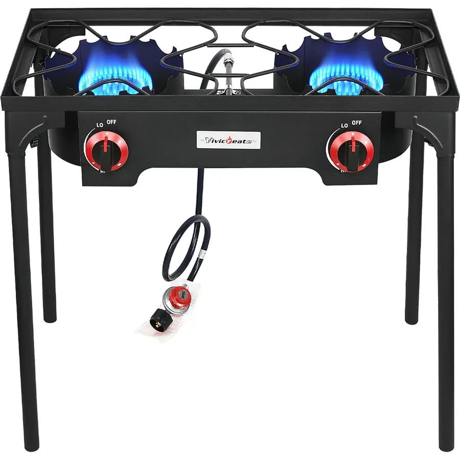 VIVICREATE Propane Grill 2 Burner Outdoor Propane Stove Portable Gas Grill High Pressure Camping Stove Double Burner Cooker for Camping Backyard BBQ Outdoor Cooking
