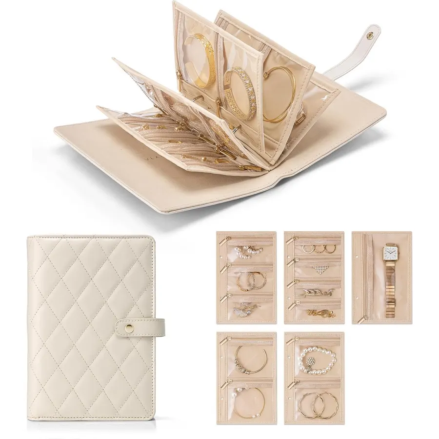 VLANDO Jewelry Case,Loose-Leaf with Clear Velvet Pouches,Cream White