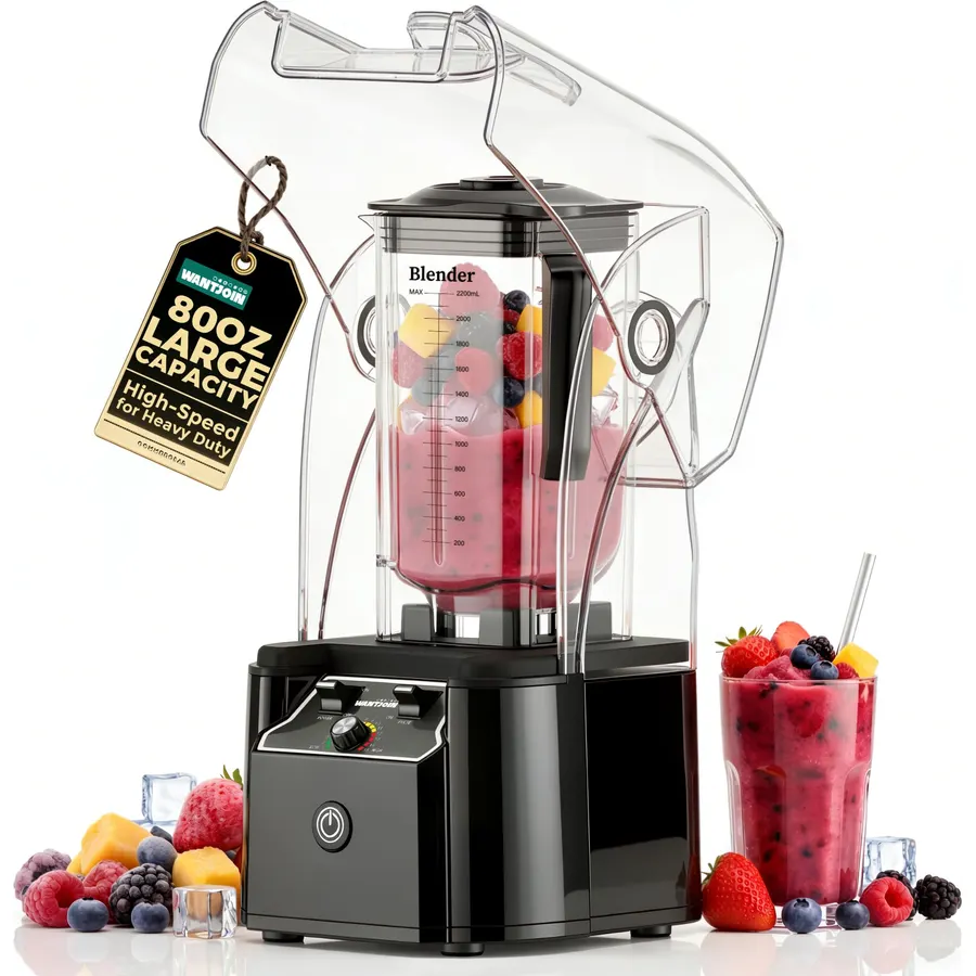 WantJoin Professional Commercial Blender With Shield Quiet Sound Enclosure 2200W Industries Strong and Quiet Professional-Grade Power, Self-Cleaning, Black