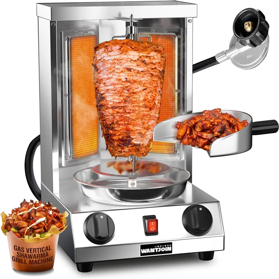 WantJoin Shawarma Grill Machine, 15 lb/6.8 kg Capacity Gas Vertical Rotisserie Broiler with 2 Burners for Gyro, Doner Kebab, Home & Commercial Use