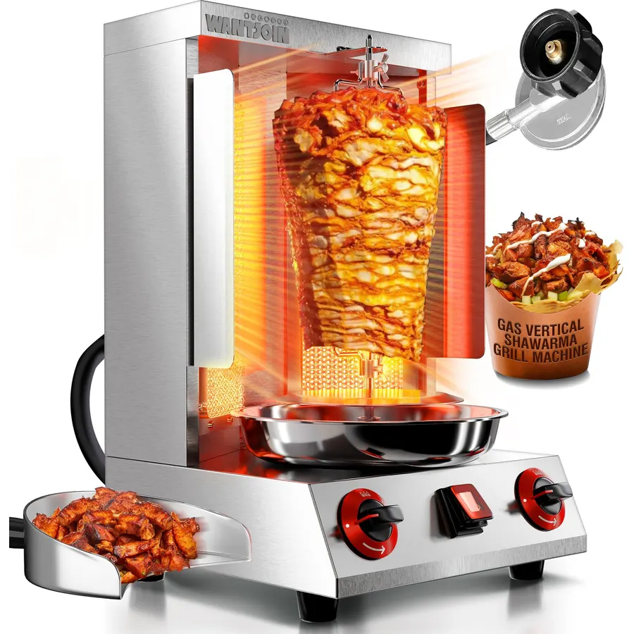 WantJoin Shawarma Grill Machine - 18lbs Gas Vertical Rotisserie with Heat Shields and 2 Burners, 122°F to 752°F Stainless Steel Gyro Machine for Chicken, Beef, Party and Commercial Use