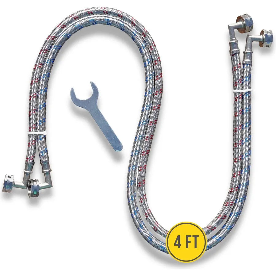 Washing Machine Hoses (4 FT) - Double 90° Elbow to Fit Tight Spaces - OCTAGON Connections for Easy & Secure Tightening - Burst Proof Water Supply Line (2 Pack) - Universal Fit to All Wash Machines