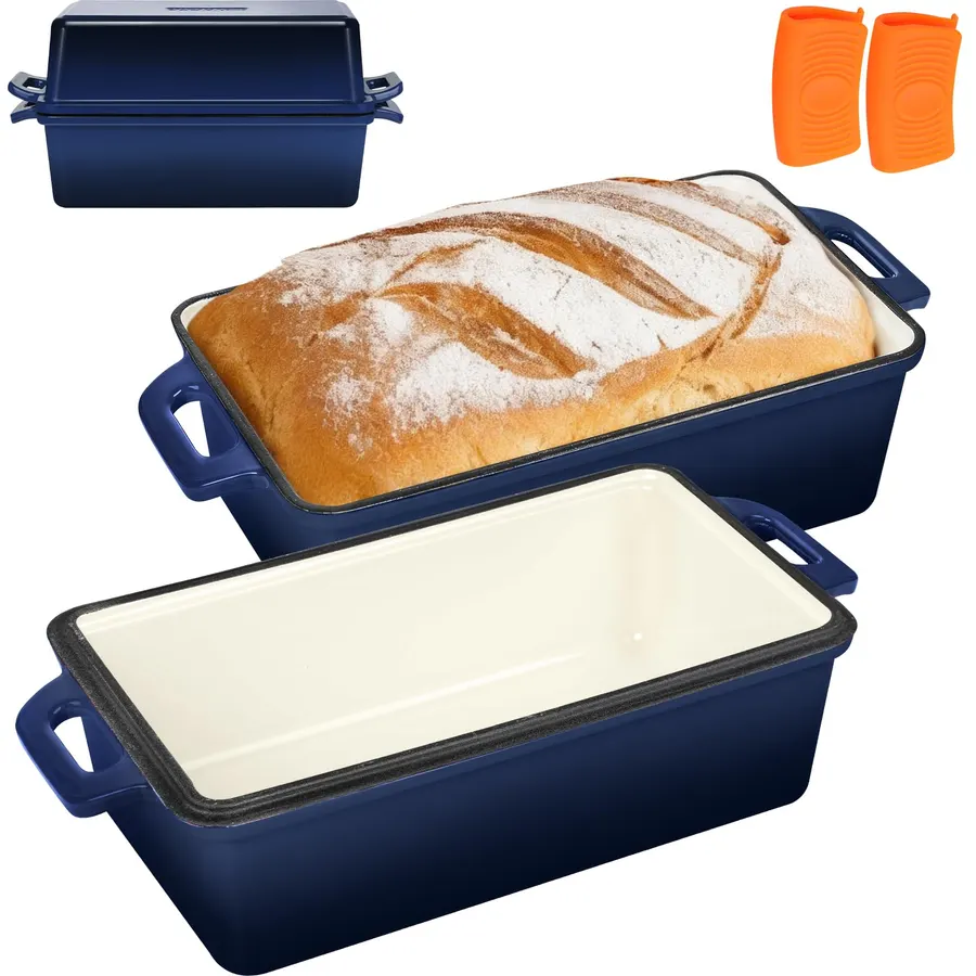 Wildone 2 in 1 Enameled Cast Iron Bread Pan with Lid, 9x5 Loaf Pans for Homemade Sourdough Bread, Cake, Meatloaf, Even Heating Bread Dutch Oven, Navy Blue