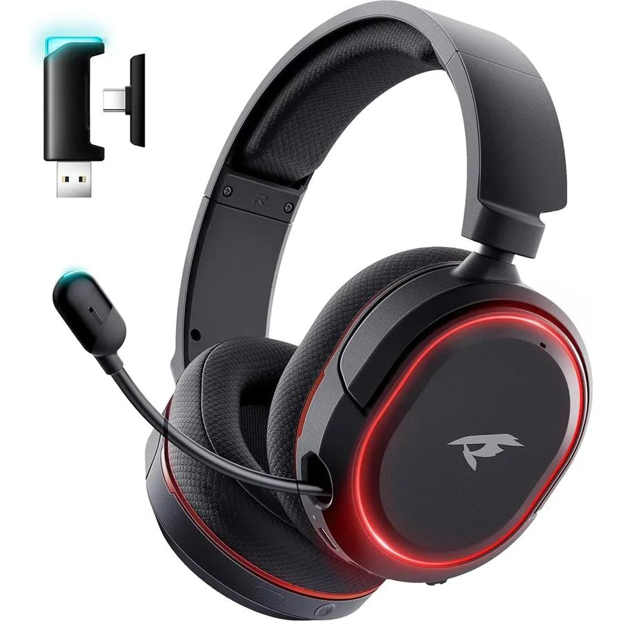 Ozeino Wireless Gaming Headset with Flip Microphone, RGB Lighting Gaming Headphones for PS5, PS4, PC - 2.4GHz USB & Type C Transmitter