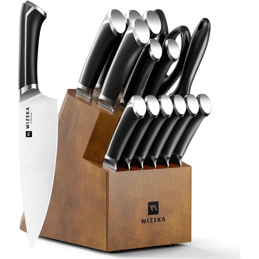WIZEKA 15PCS Kitchen Knife Set with Wooden Block, Razor Sharp, Crown Black