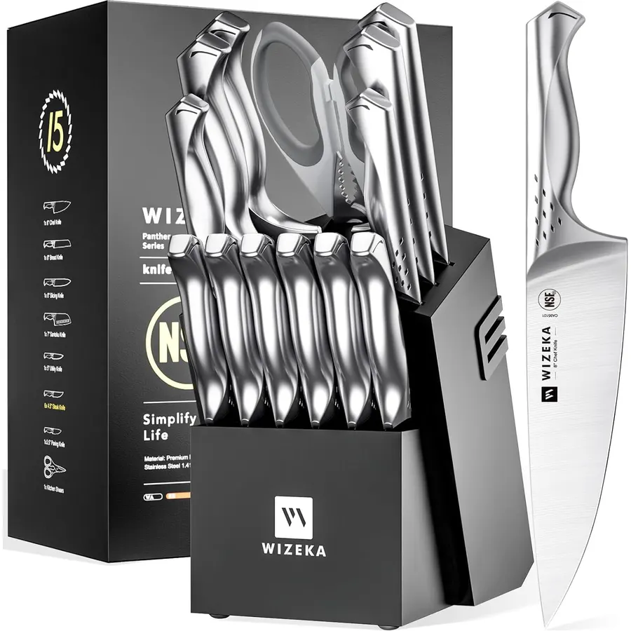 Knife Set, D.Perlla Kitchen Knife Set with Advanced Self-Sharpening Technology, 14 Piece Waved Texture Knife Set with Block, High Carbon Stainless Steel Knife Block Set, Razor-Sharp, Full Tang Handle