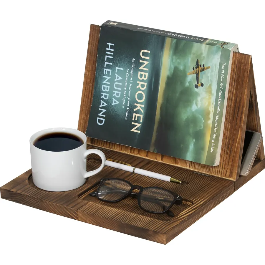 Wooden Book Holder for Page Rest,Book Valet Book Stand with Cup,Glass&Pen Holder,Idea Gift for Book Lover and Table Décor.