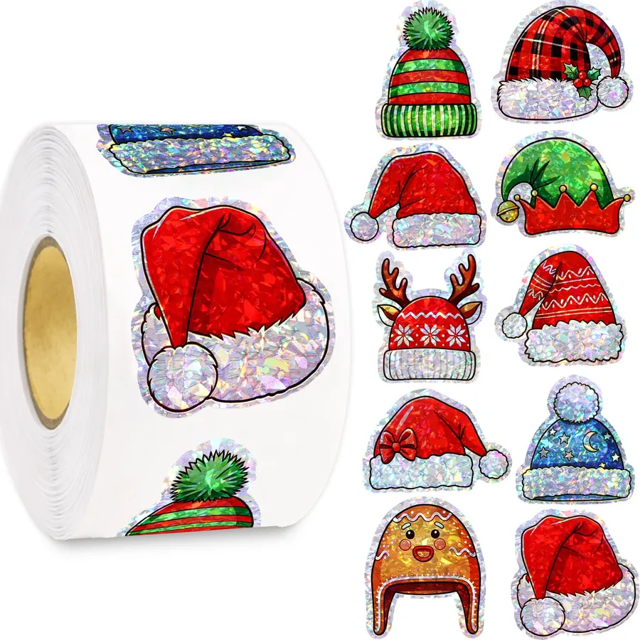 WorldBazaar Christmas Stickers Roll 500 Pcs Glitter Santa Hat Labels