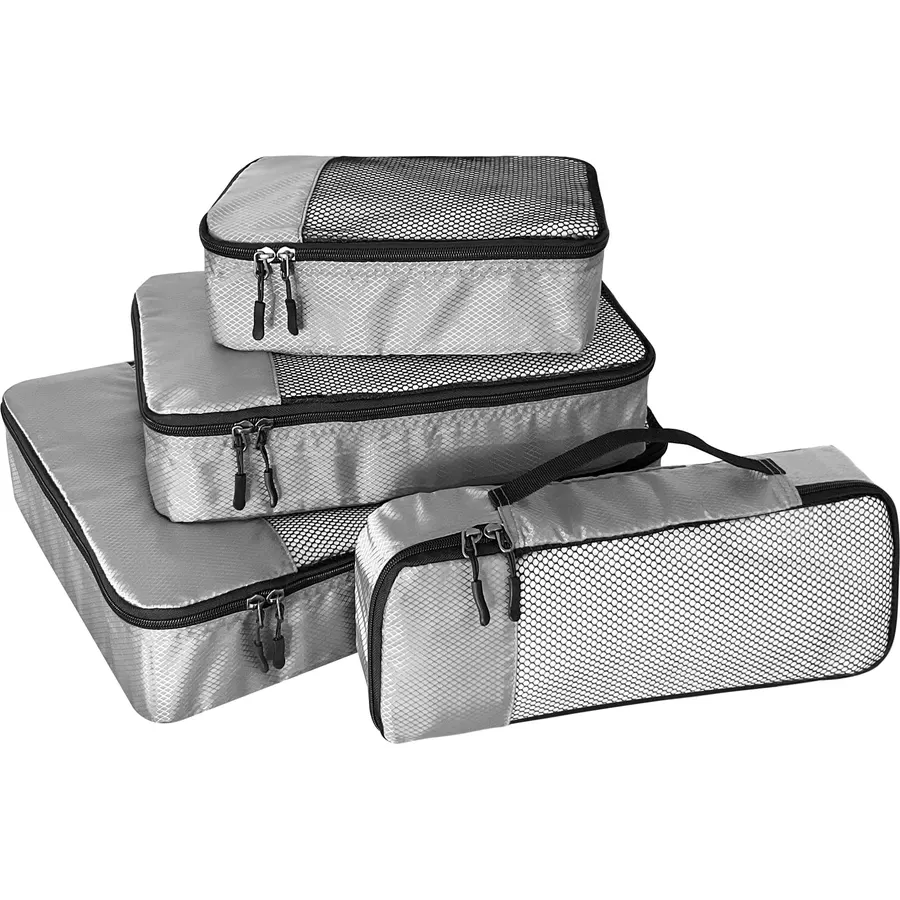 WTREE 4-Piece Packing Cubes Travel Accessories Set for Suitcases - Luggage Organizer Bags with Double Zipper - Mesh Top - Small/Medium/Large/Slim - Grey