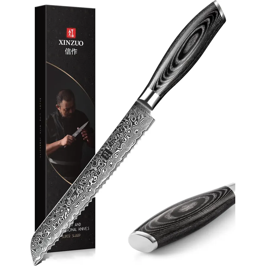 XINZUO Bread Knife 8 Inch,Professional Damascus Serrated Knife for Homemade Bread,Razor Sharp,Wide Wavy Edge for Bread, Bagels,Pizza and Cake, Gift Box Package