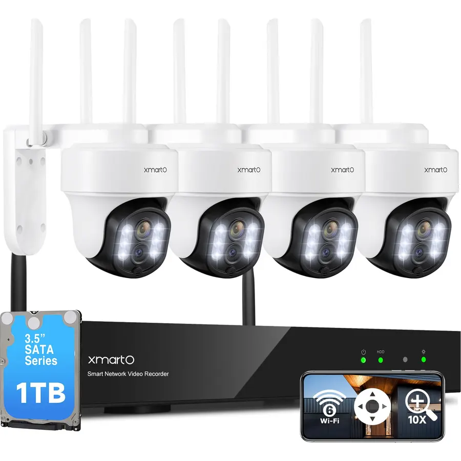 XMARTO 10X Zoom Mesh WiFi6 PTZ AI Tracking Security Camera System,4-Cam Kit