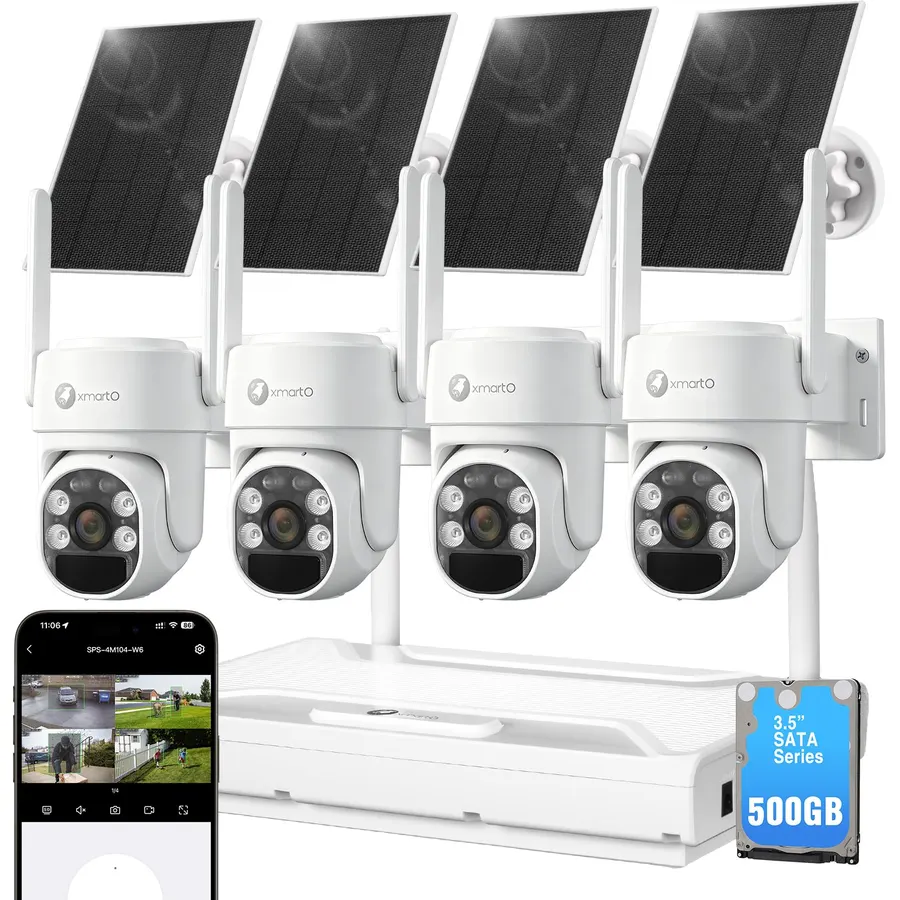 xmartO Wire-Free Solar PTZ AI Tracking Security Camera System, 4-Cam Kit, 4MP 2K QHD + 4K 10CH Expandable WiFi NVR, All-Weather Solar Charge, PIR Sensor, Easy Installation, No Monthly Fee, 500GB