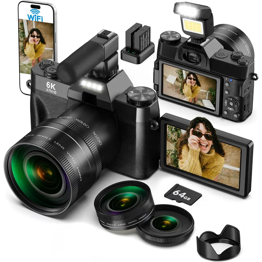 Yatao 6K WiFi Flip Screen Digital Camera, Mic & Fill Light for Photography