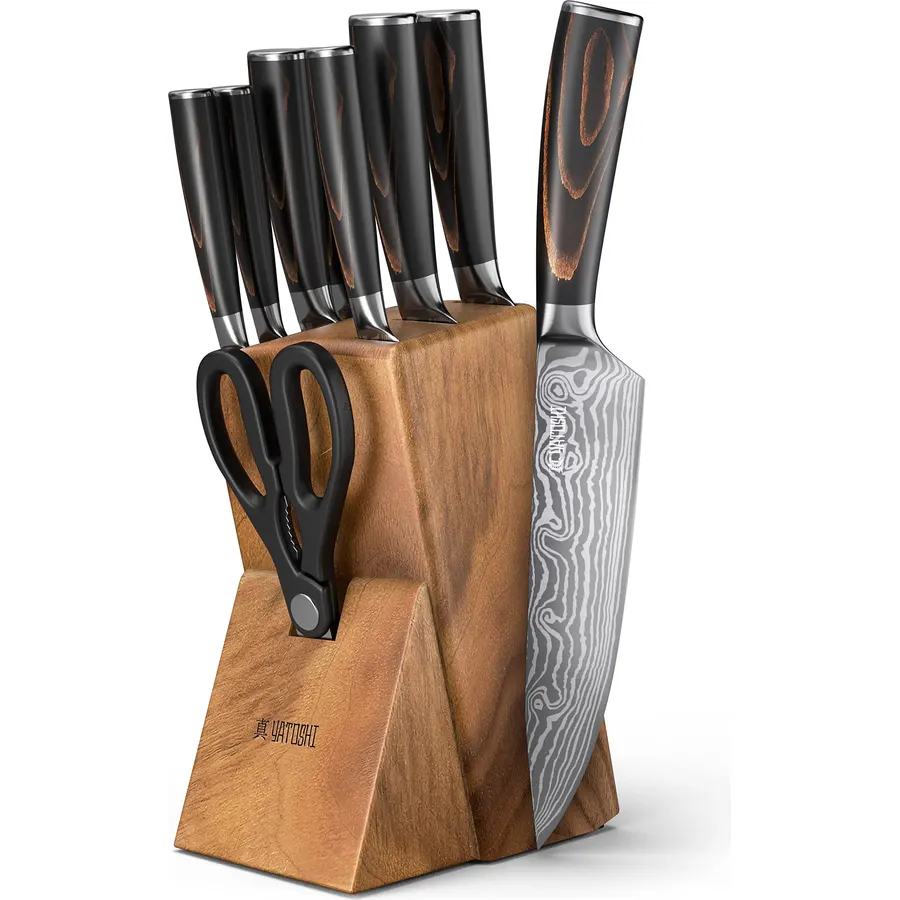 Yatoshi 9 Piece Block Set Classic- Pro Kitchen Knife Set Ultra Sharp High Carbon Steel with Ergonomic Handle