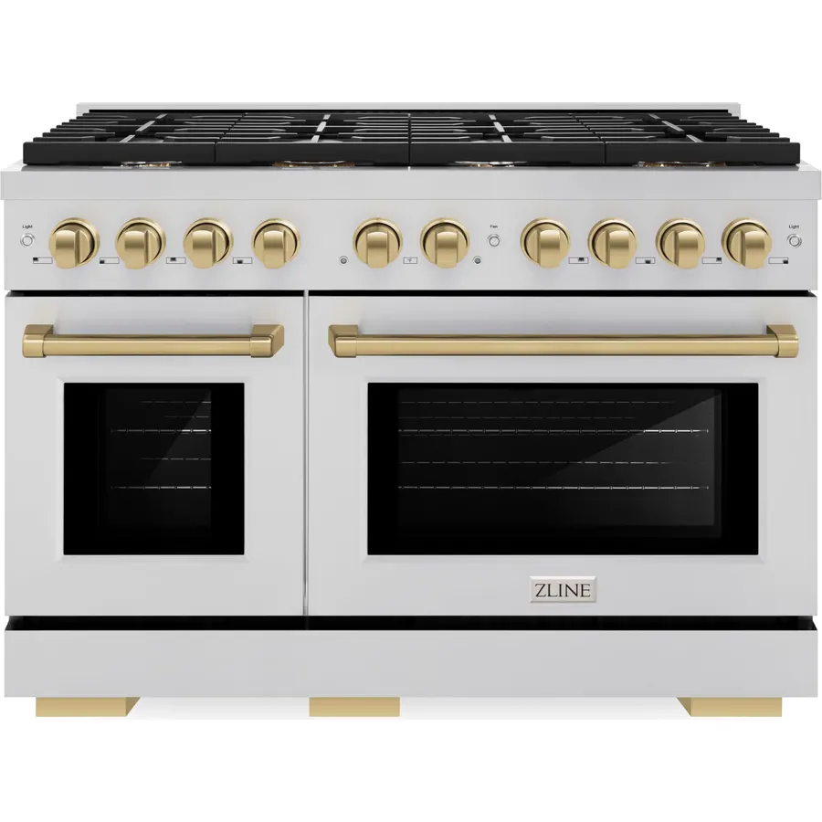 ZLINE Autograph Edition 48 in. 6.0 cu. ft. Legacy Dual Fuel Range with 7 Burner Gas Cooktop and 2 Electric Ovens in Stainless Steel and Champagne Bronze Accents (RAZ-48-CB)