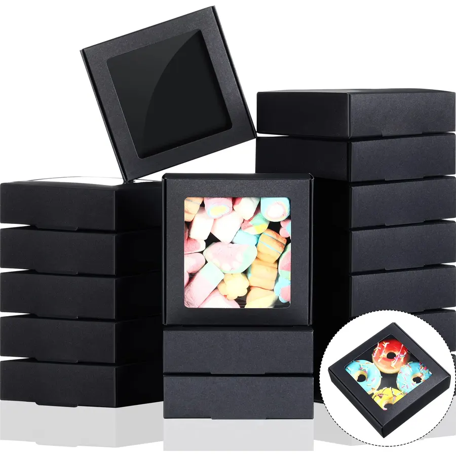 Zonon 60 Pcs Kraft Paper Boxes with Window 4.13 x 4.13 x 1.18 Inch (Black)