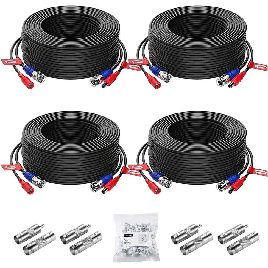 ZOSI 4-Pack 100ft (30m) BNC Video Power Cables, All-in-One Pre-Made Extension Wire for CCTV Security Camera Surveillance DVR Systems, Includes 4 BNC & RCA Connectors and 100 Cable Clips