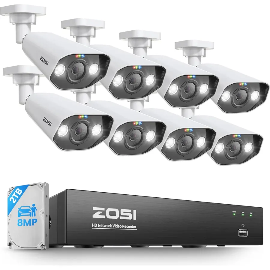 ZOSI 8CH 4K PoE NVR with 8pcs 8MP Outdoor Metal Bullet Camera, 2TB HDD